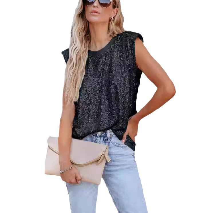 Blusa con brillo de cuello redondo para mujer