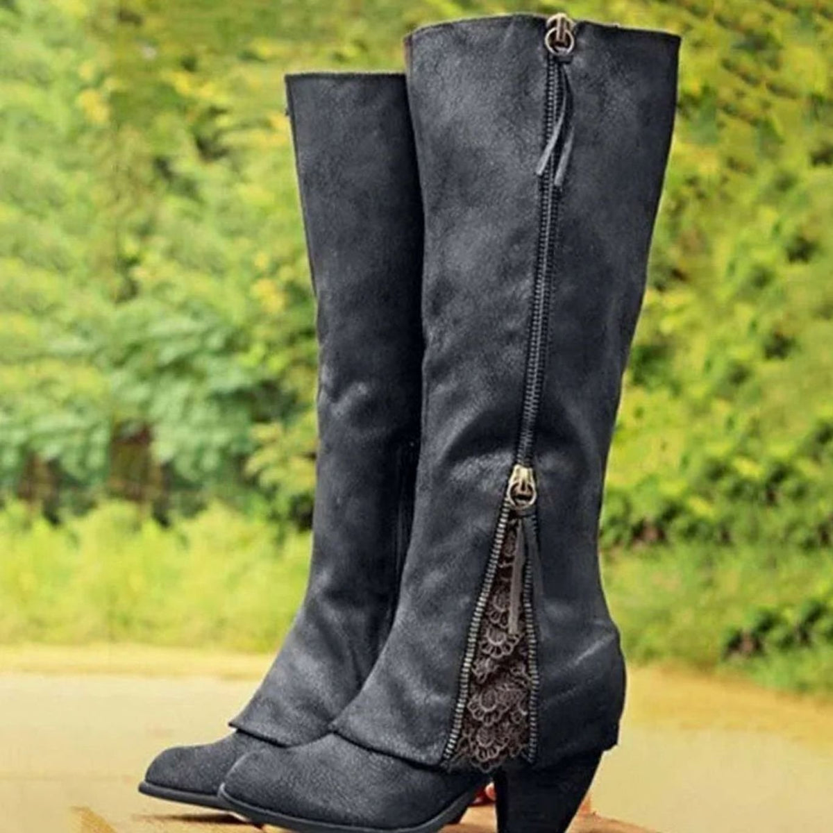 Botas de caña alta con tacón de bloque y detalle de encaje para mujer