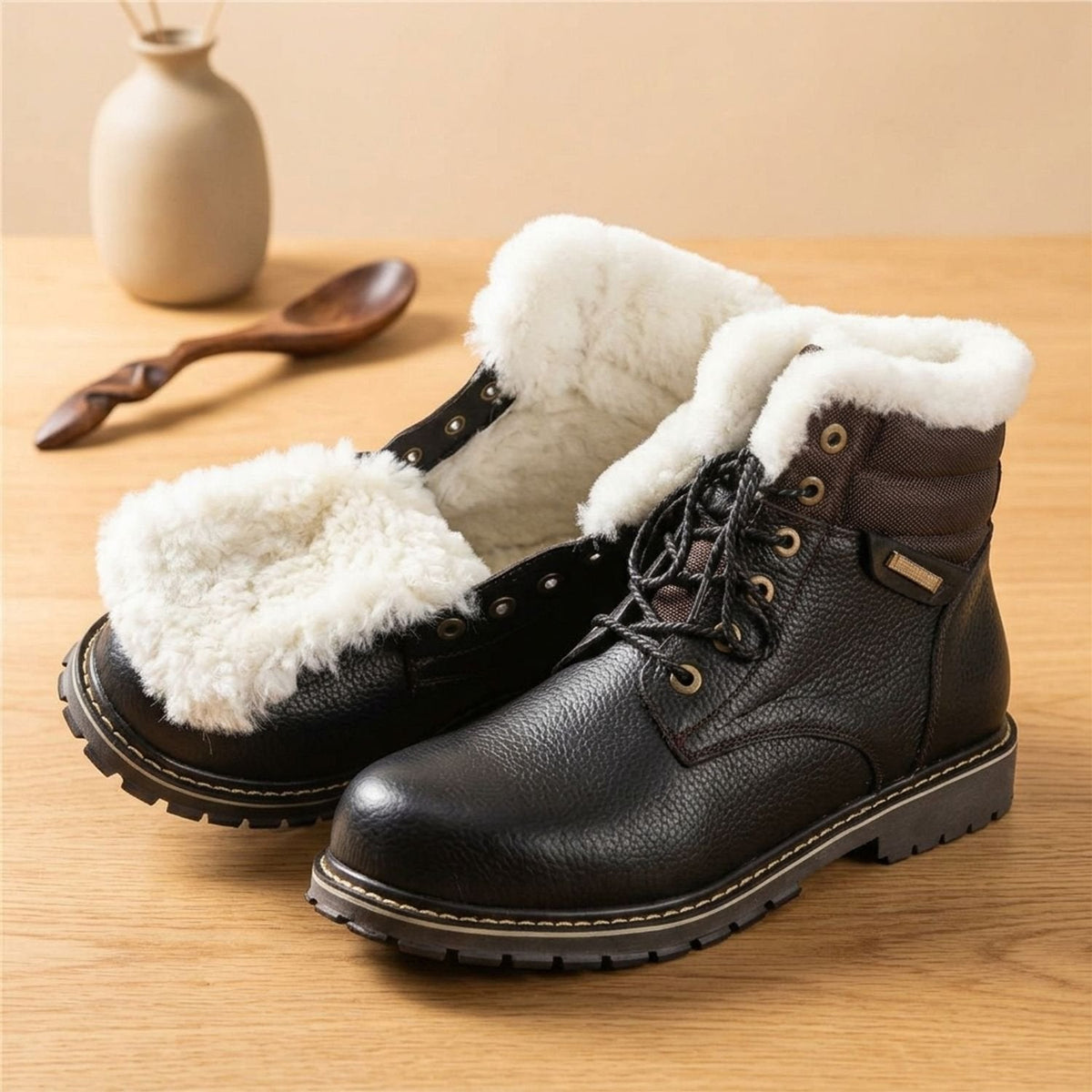 Botas de invierno para hombre de piel auténtica con forro de lana y cordones