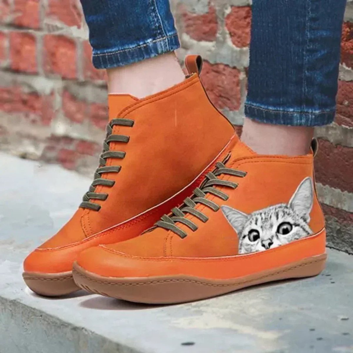 Botines con cordones para mujer con estampado de gato