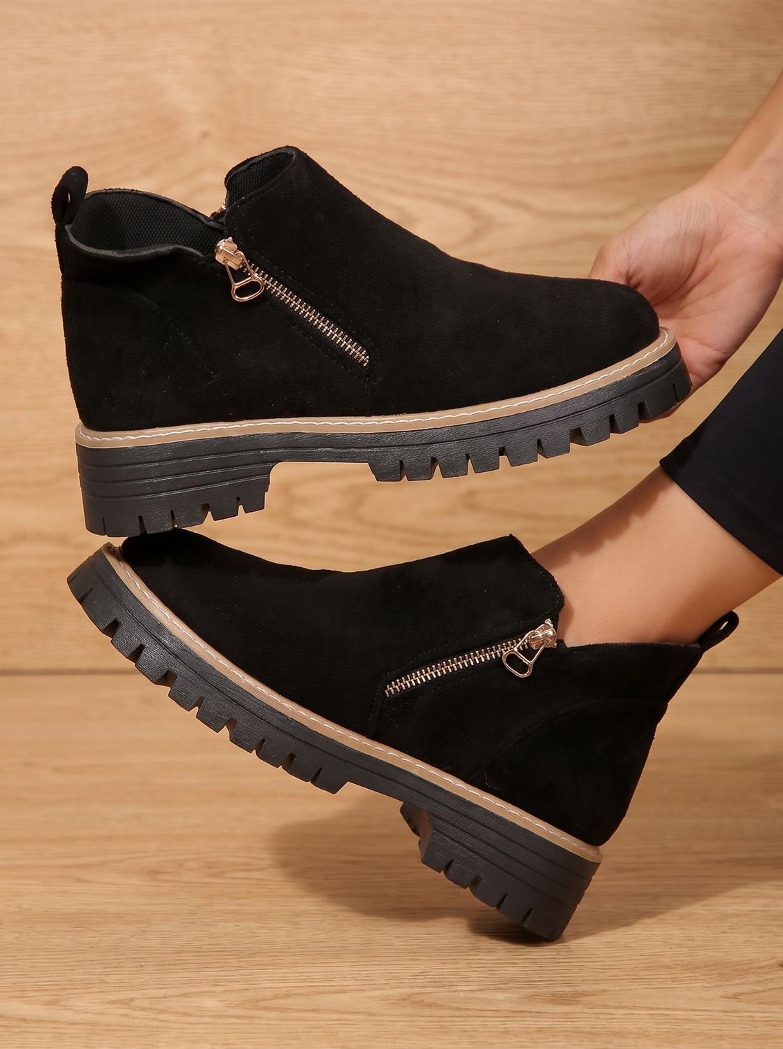 Botines para mujer con cremallera lateral y suela de plataforma gruesa