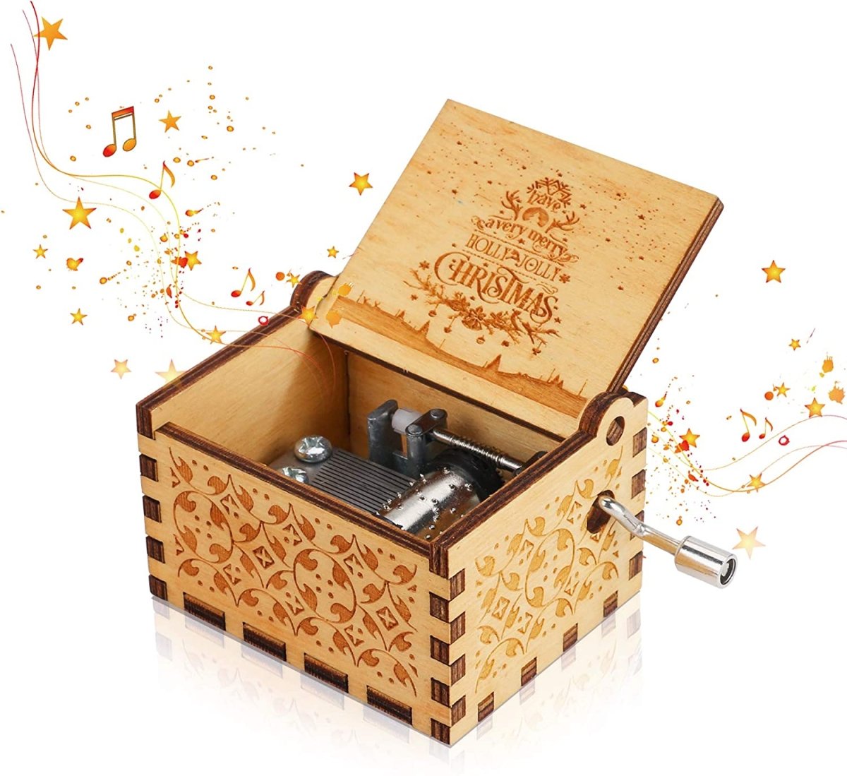 Caja de música navideña de manivela con melodía acogedora y motivo navideño tradicional