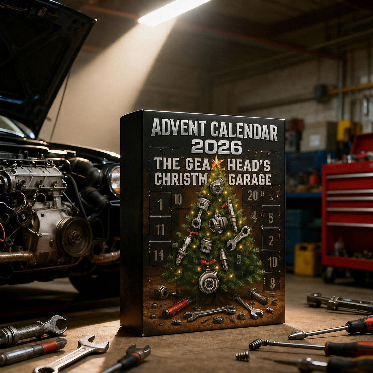 Calendario de Adviento 2026 de piezas de coche: cuenta atrás de 24 días con temática de garaje, herramientas y diseños de taller