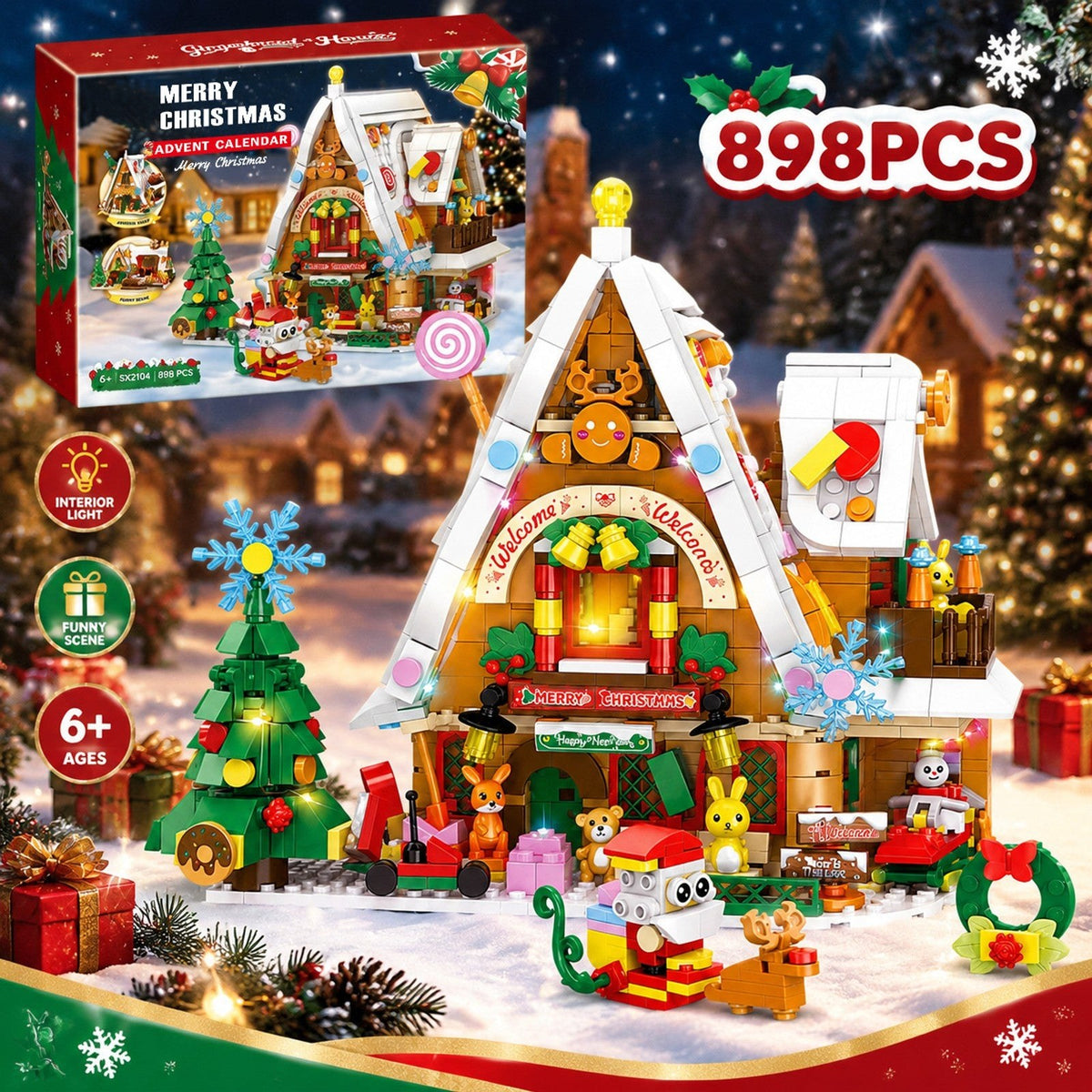 Calendario de Adviento Casa Nevada de Navidad, 898 Piezas con Luz Interior