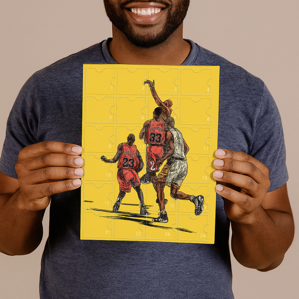 Calendario de Adviento con minifiguras de baloncesto, set en caja de regalo — 24 ventanas, 30 cm de largo