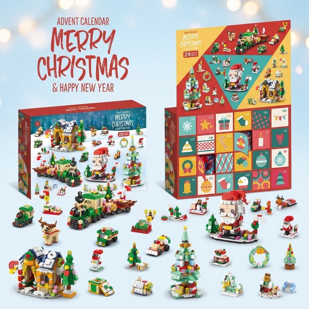 Calendario de Adviento Pueblo Navideño, 28 Construcciones 6 en 1, Cascanueces, Trineo o Árbol