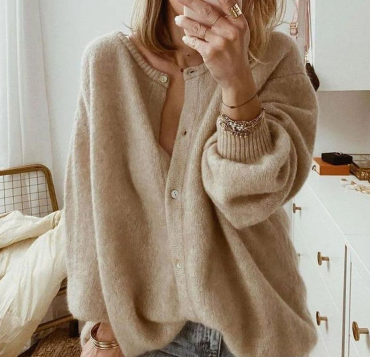 Cárdigan de punto oversize abotonado para mujer con puños acanalados