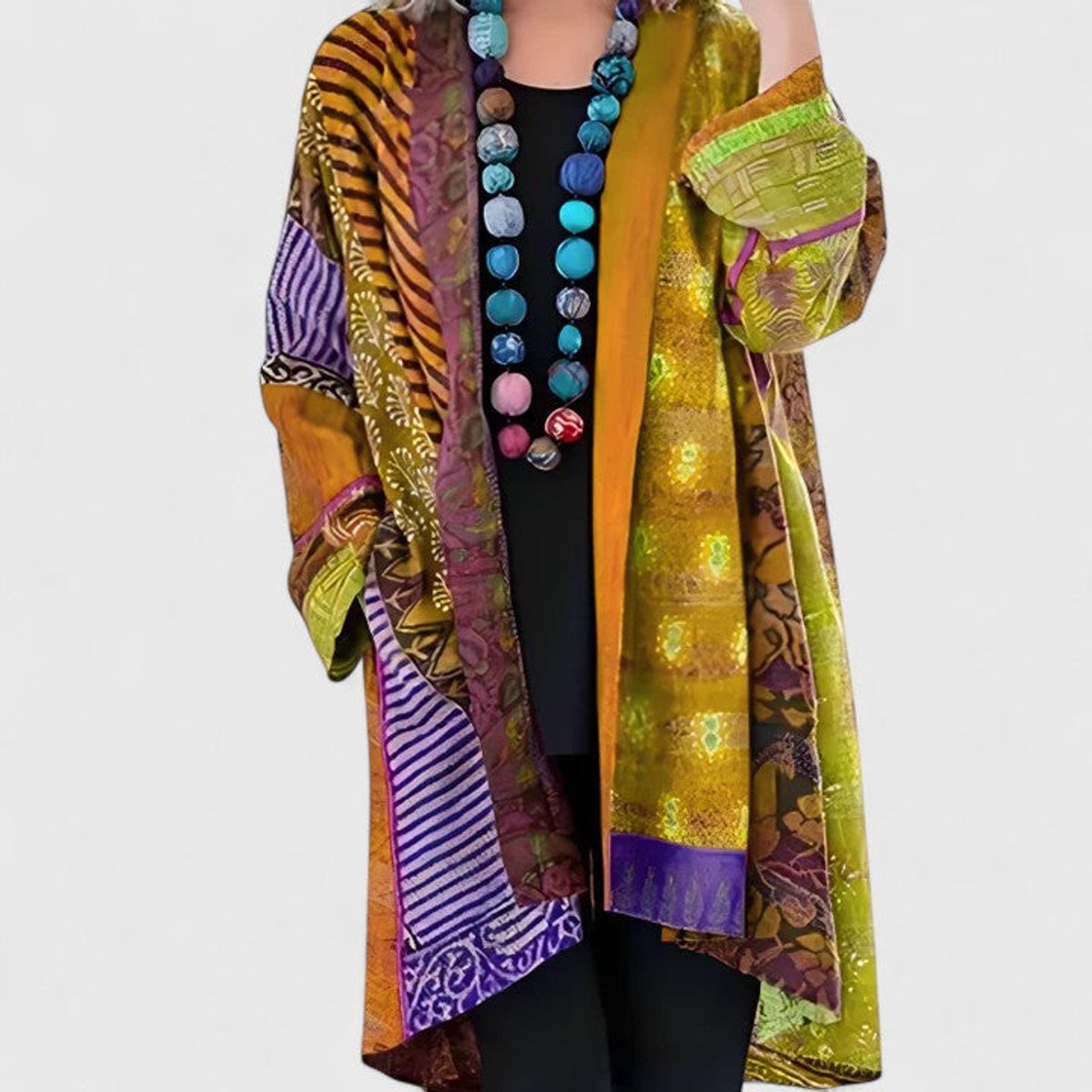 Cárdigan largo abierto para mujer con estampado patchwork