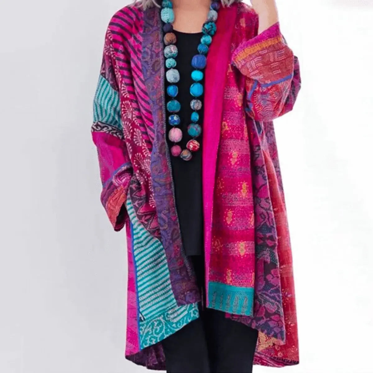 Cárdigan largo abierto tipo patchwork para mujer