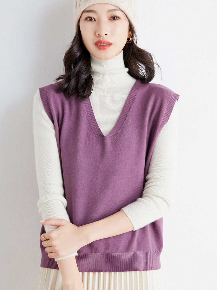 Chaleco de punto fino oversize con cuello de pico y dobladillo acanalado para mujer