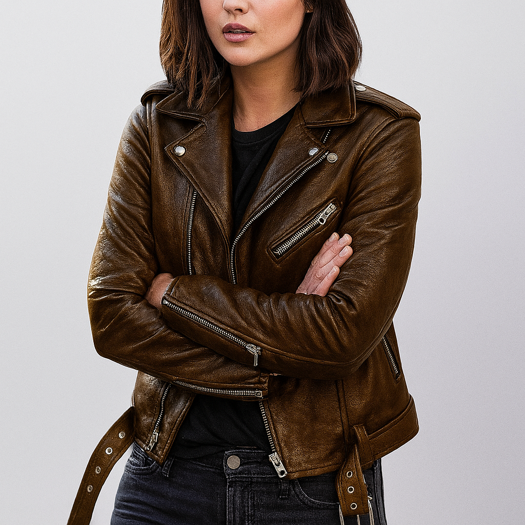 Chaqueta biker de cuero sintético PU entallada para mujer