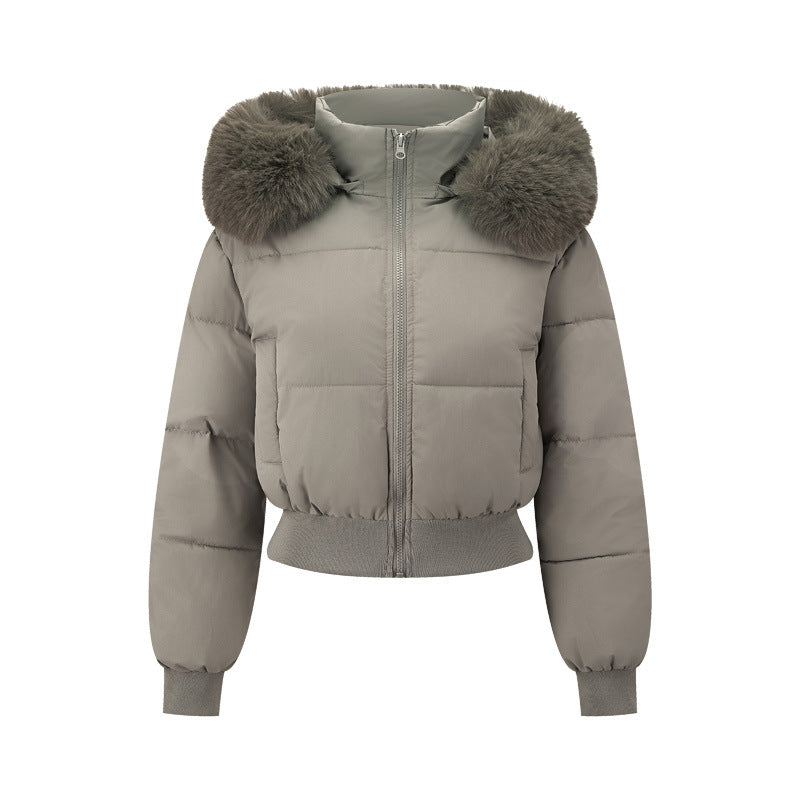 Chaqueta bomber acolchada corta para mujer con capucha y cuello de pelo sintético extraíble
