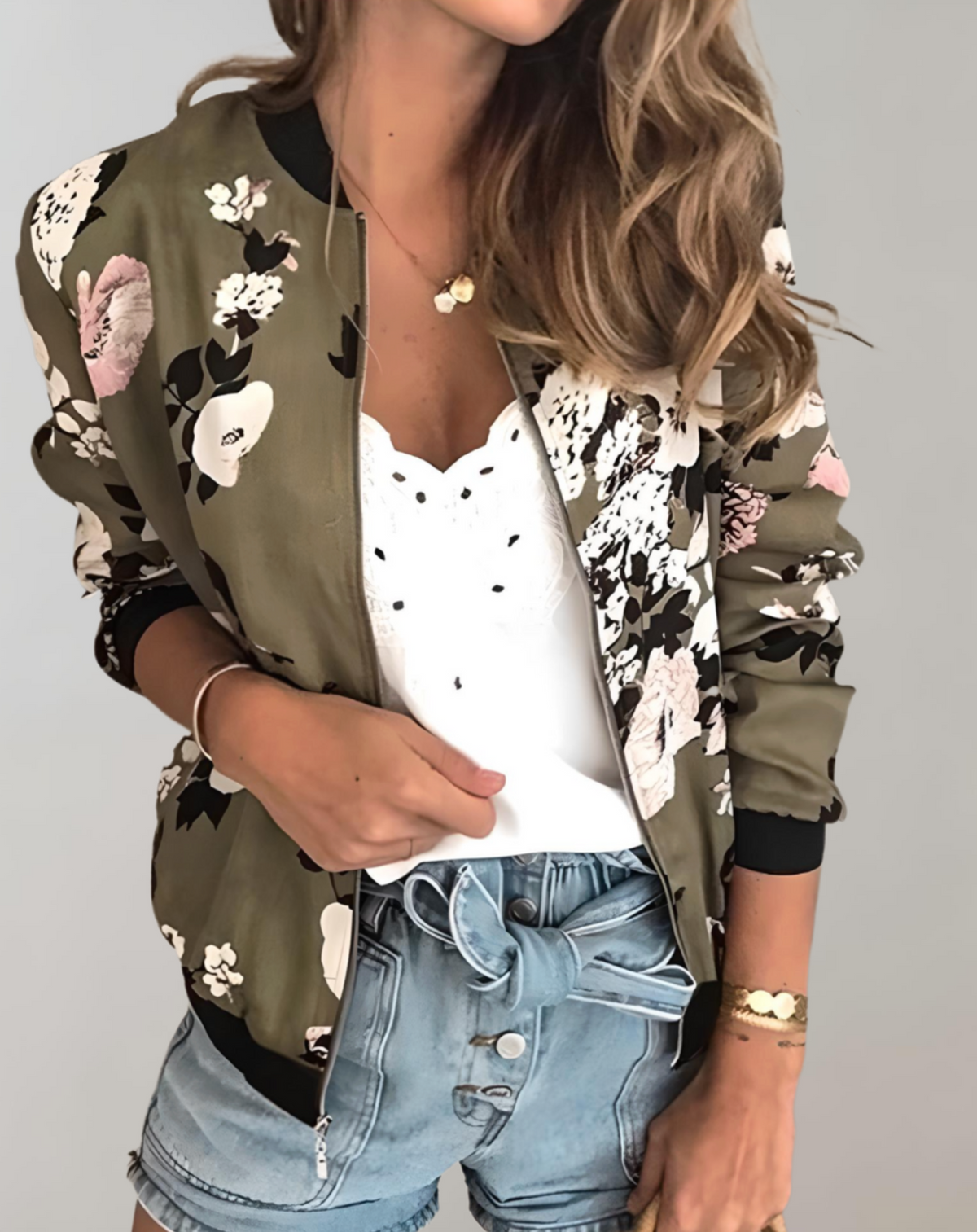 Chaqueta bomber floral con cremallera para mujer