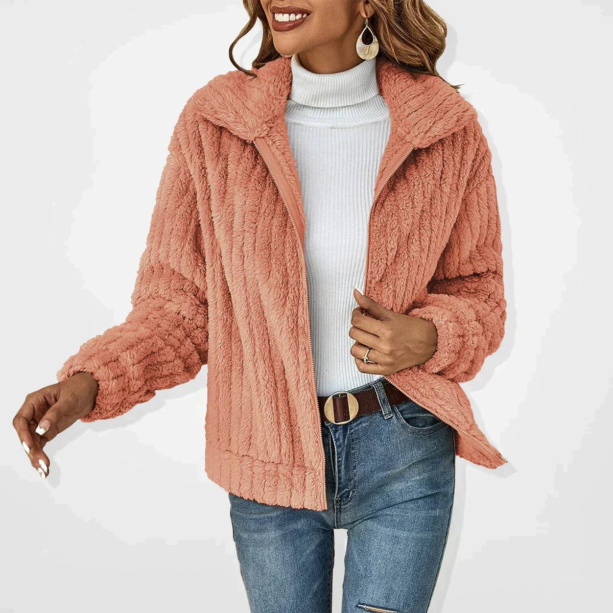 Chaqueta cárdigan de sherpa suave con cremallera para mujer corte oversized