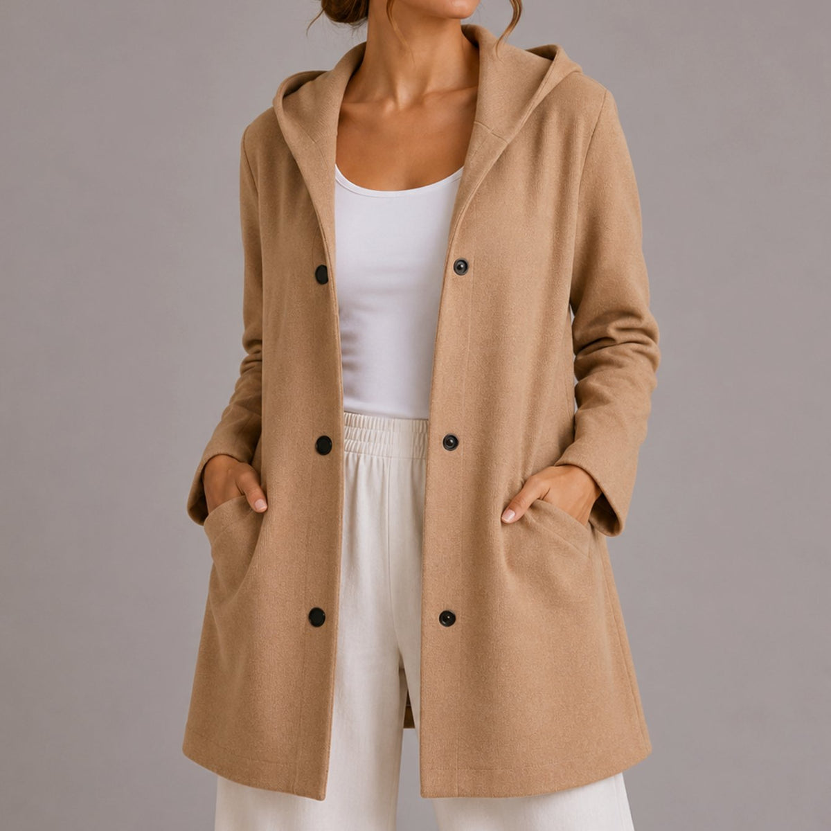 Chaqueta cárdigan holgada para mujer con capucha, botones y bolsillos