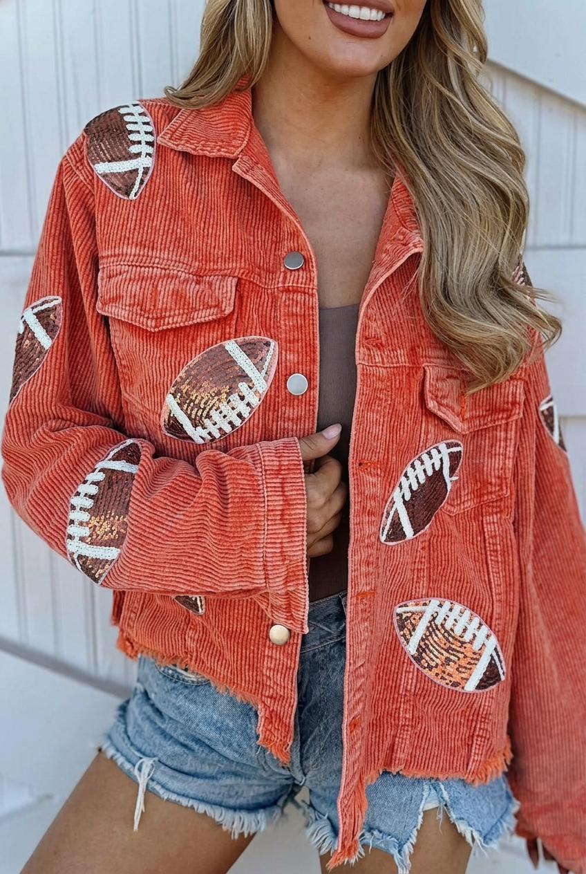 Chaqueta de pana para mujer con detalle de fútbol americano de lentejuelas