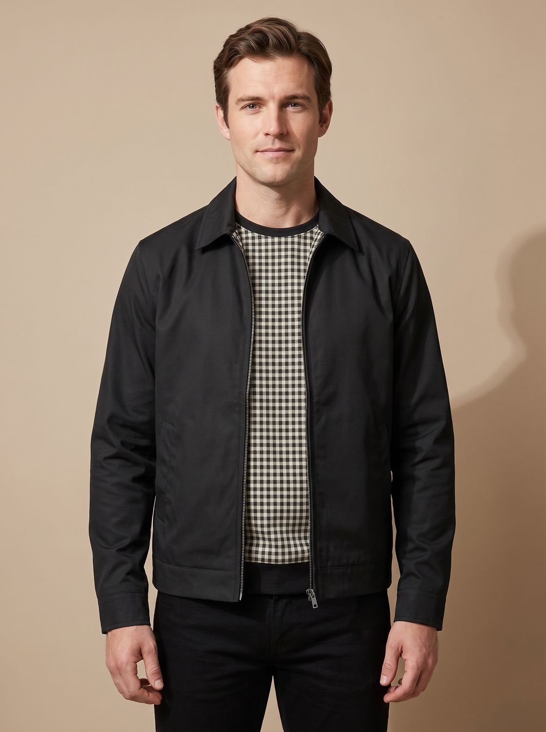 Chaqueta Harrington smart-casual para hombre con cremallera completa y forro de cuadros vichy