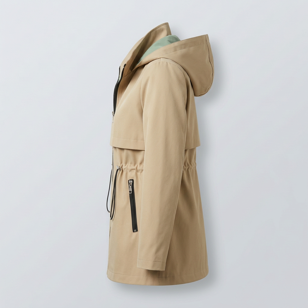 Chaqueta tipo gabardina con capucha para mujer, forro en contraste y bolsillos con cremallera