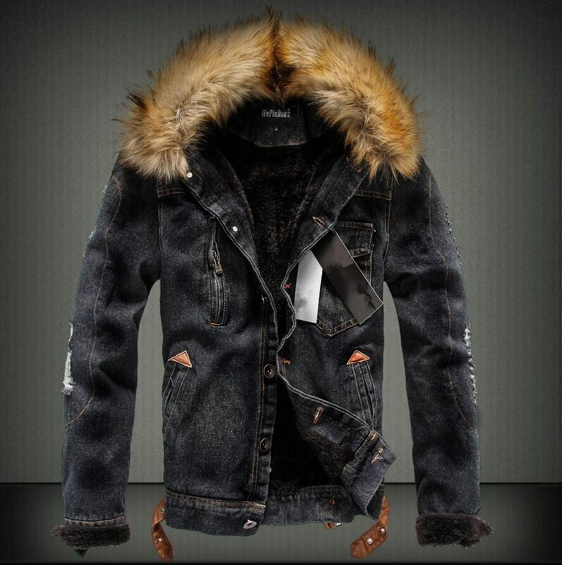 Chaqueta vaquera estilo trucker para hombre con forro de borreguillo, capucha de pelo sintético y detalles desgastados