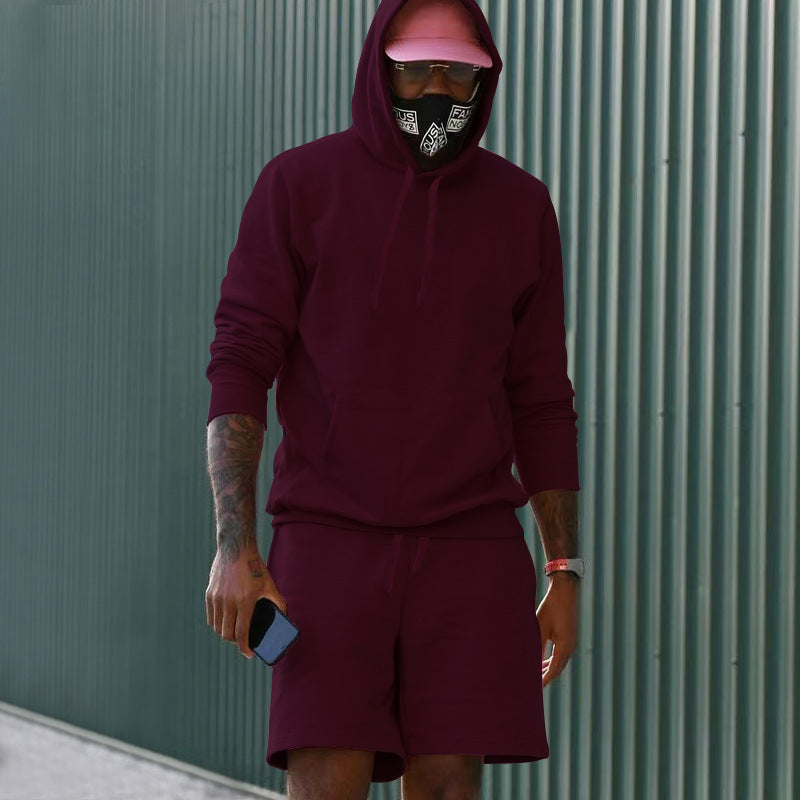 Conjunto casual para hombre de dos piezas con sudadera con capucha y pantalón corto deportivo de tejido French Terry con bolsillo canguro y cordón ajustable