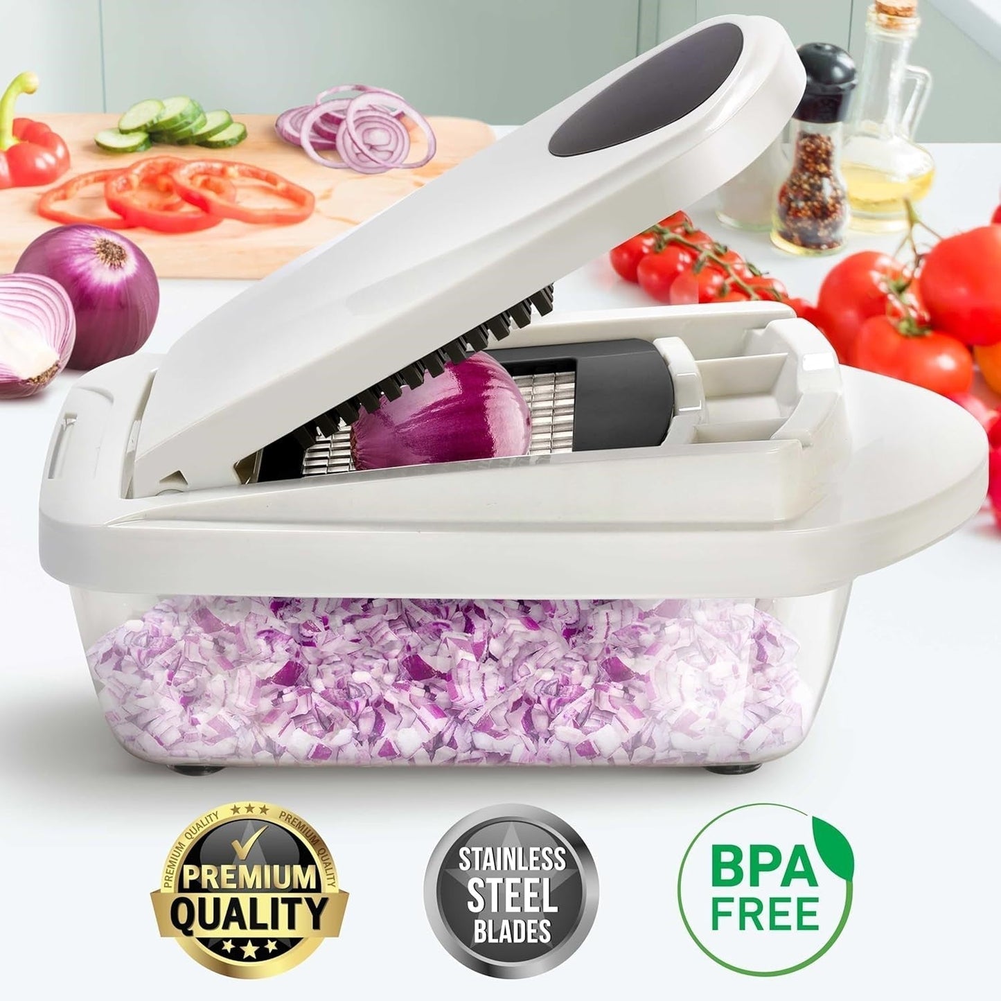 Cortador de Verduras 10 en 1 con 8 Cuchillas – ¡Corte, Picado y Rallado Más Rápido!