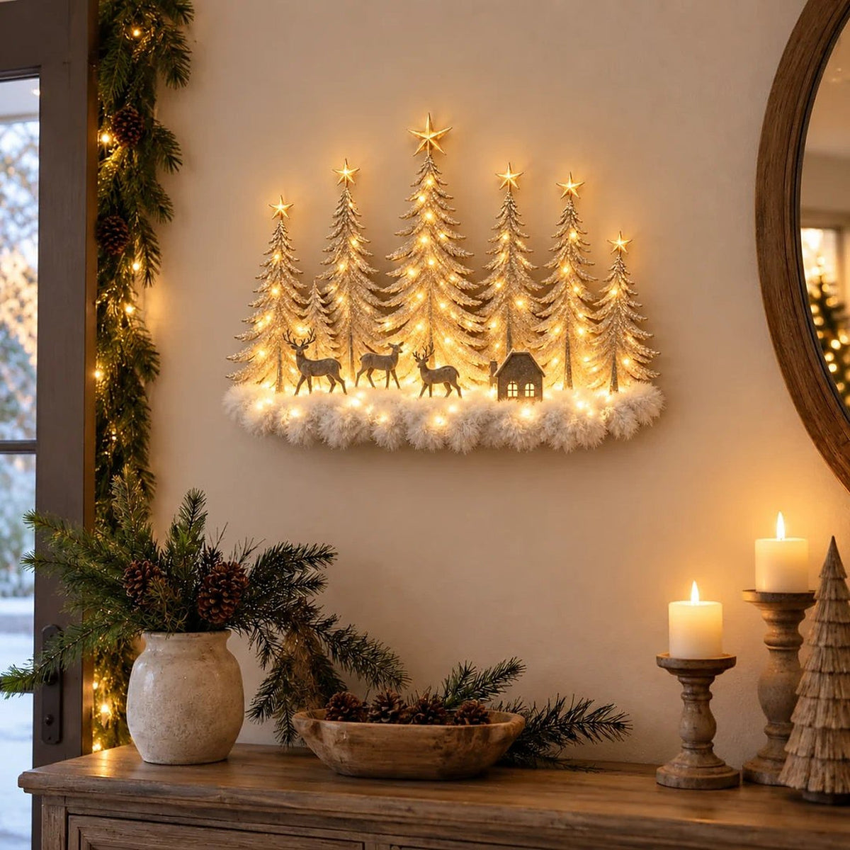 Decoración mural de bosque invernal iluminado - Paisaje navideño 3D con ciervos y luz LED cálida