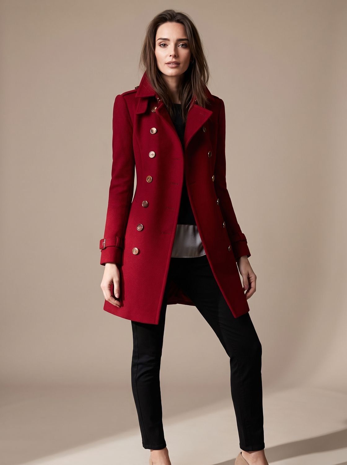 Elegante abrigo de invierno cruzado de lana para mujer