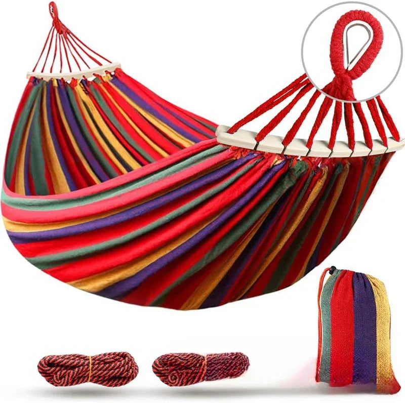 Hamaca Doble de Lona | Cama Colgante Antivuelco con Barras de Madera para Camping y Aire Libre