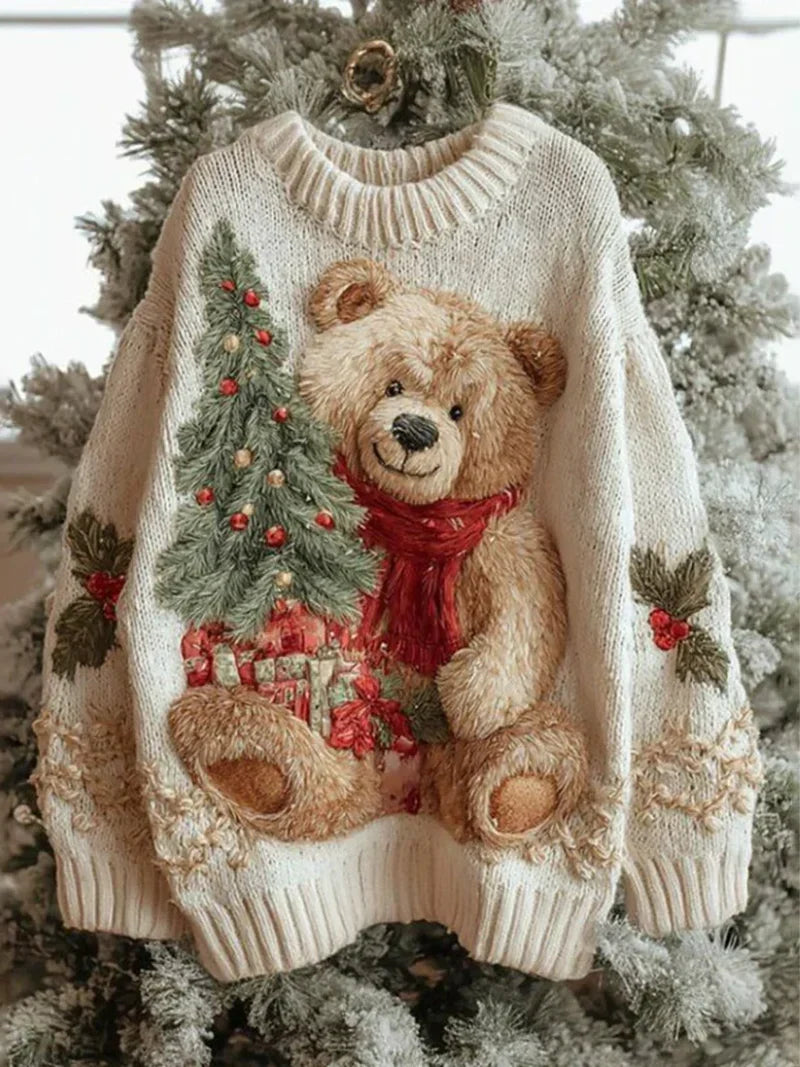 Jersey de lana para mujer | Jersey festivo de punto Fair Isle con oso