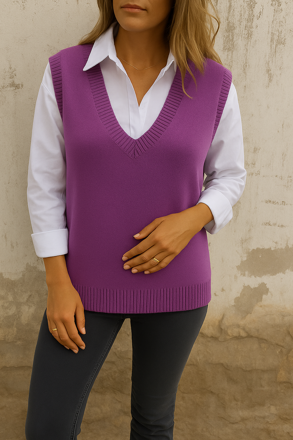 Jersey de mujer con cuello de pico y corte largo