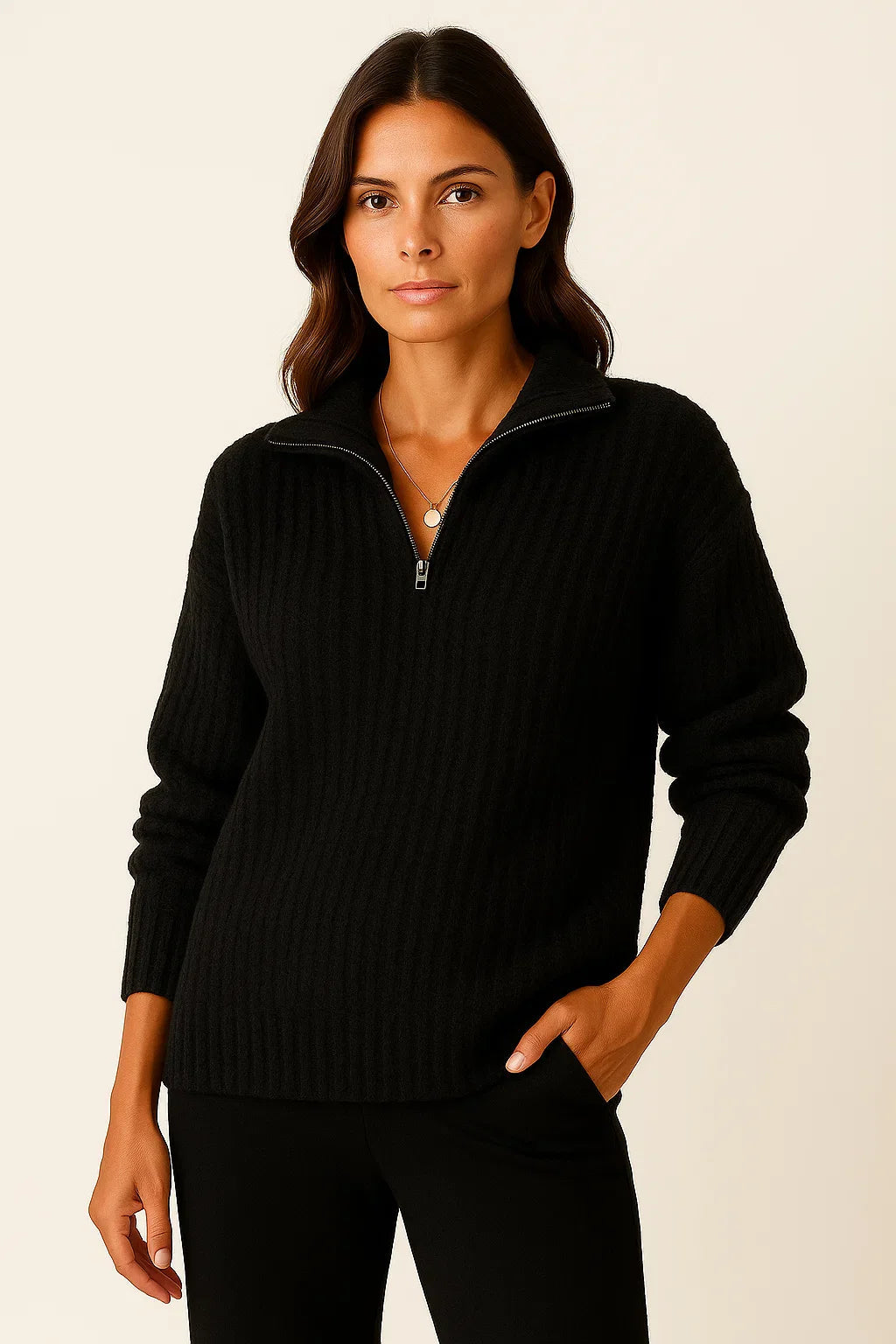 Jersey de punto acanalado con cuello alto y cremallera