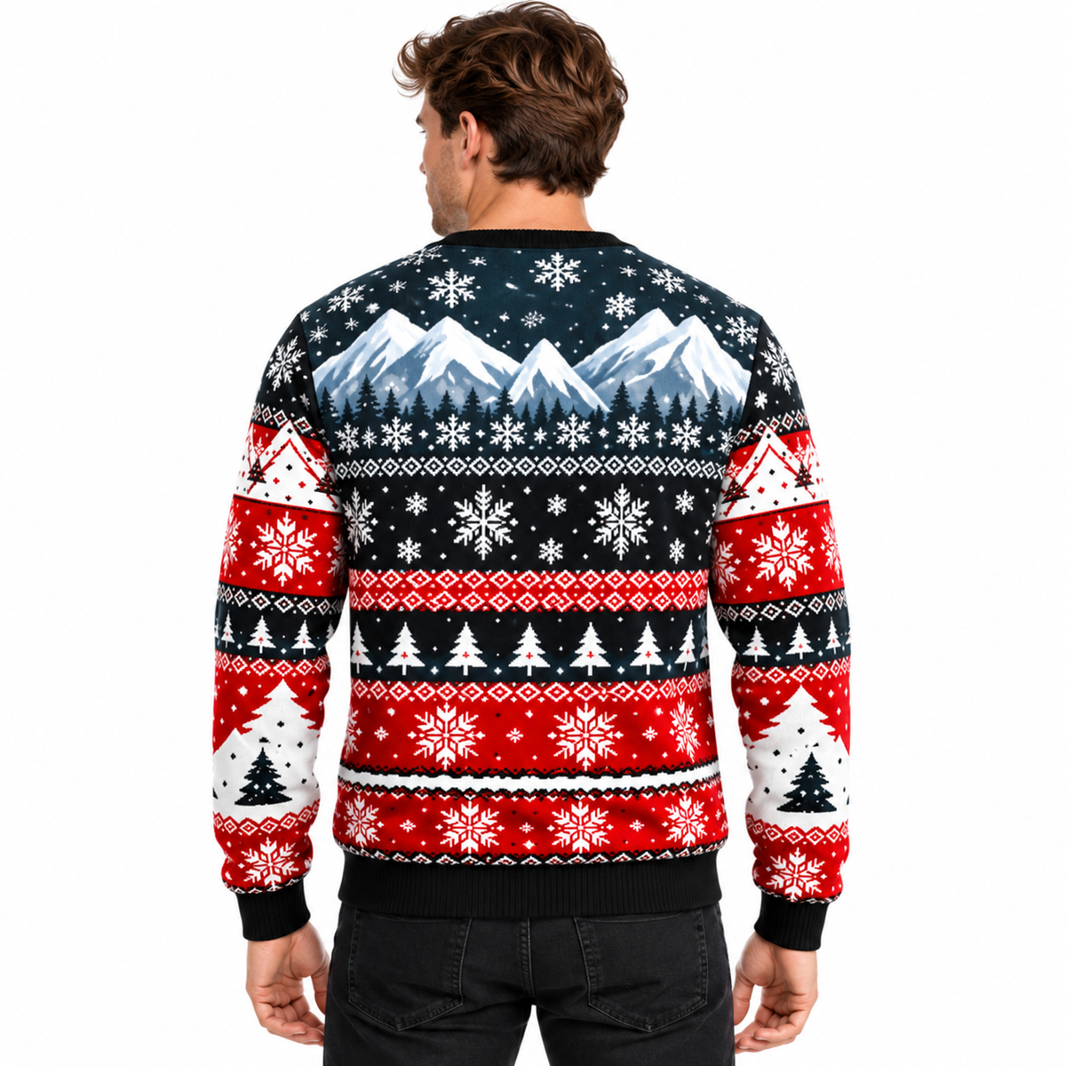 Jersey navideño para hombre con estampado de Papá Noel, muñeco de nieve y árboles nevados, cuello redondo, corte recto y puños acanalados