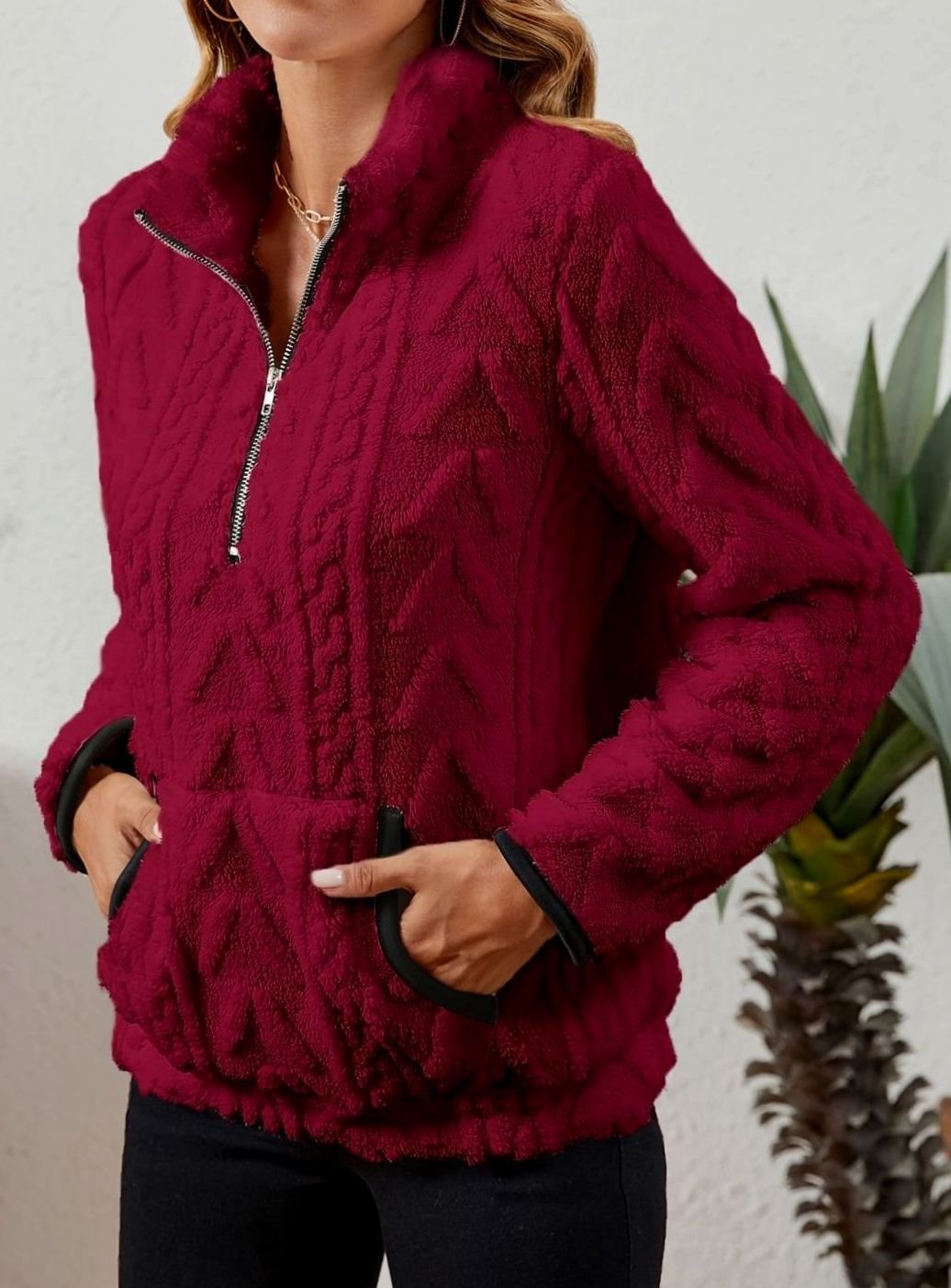 Jersey polar cálido para mujer con media cremallera y bolsillo canguro