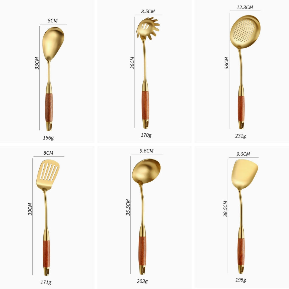 Juego de 6 utensilios de cocina dorados