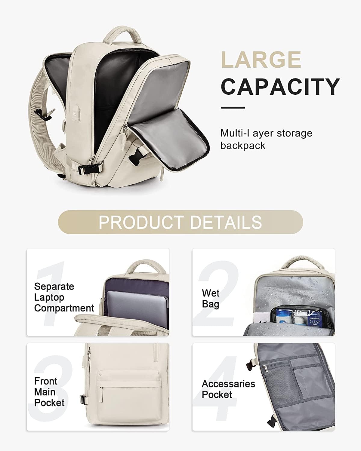 Mochila de Viaje Impermeable de 40L con Compartimento para Zapatos y Puerto USB – Acomoda Laptop de 14” (35.56 cm)