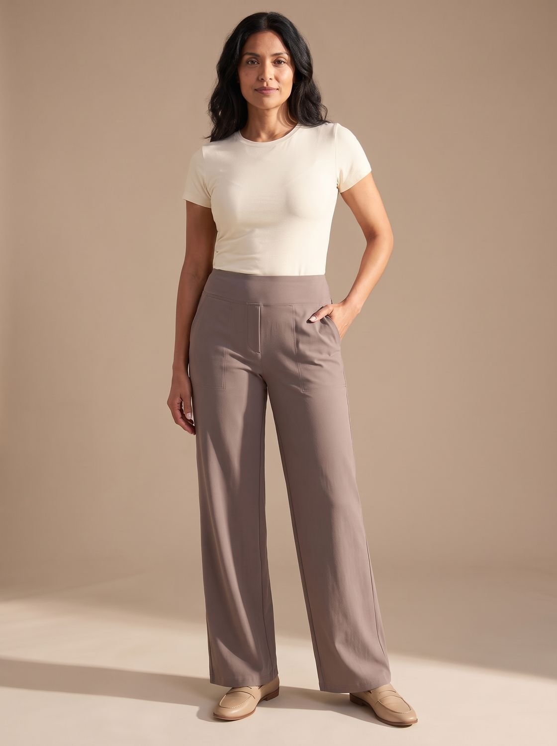 Pantalones de vestir de pernera ancha y tiro alto con bolsillos para mujer