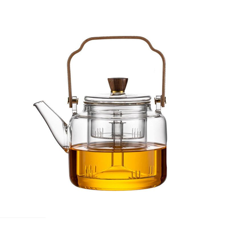 Tetera de Vidrio con Tapa de Madera y Filtro – 1.2 Litros, Vidrio Ahumado y Madera para una Elegante Experiencia de Té