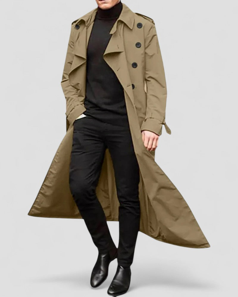 Trenchcoat largo cruzado para hombre de estilo moderno
