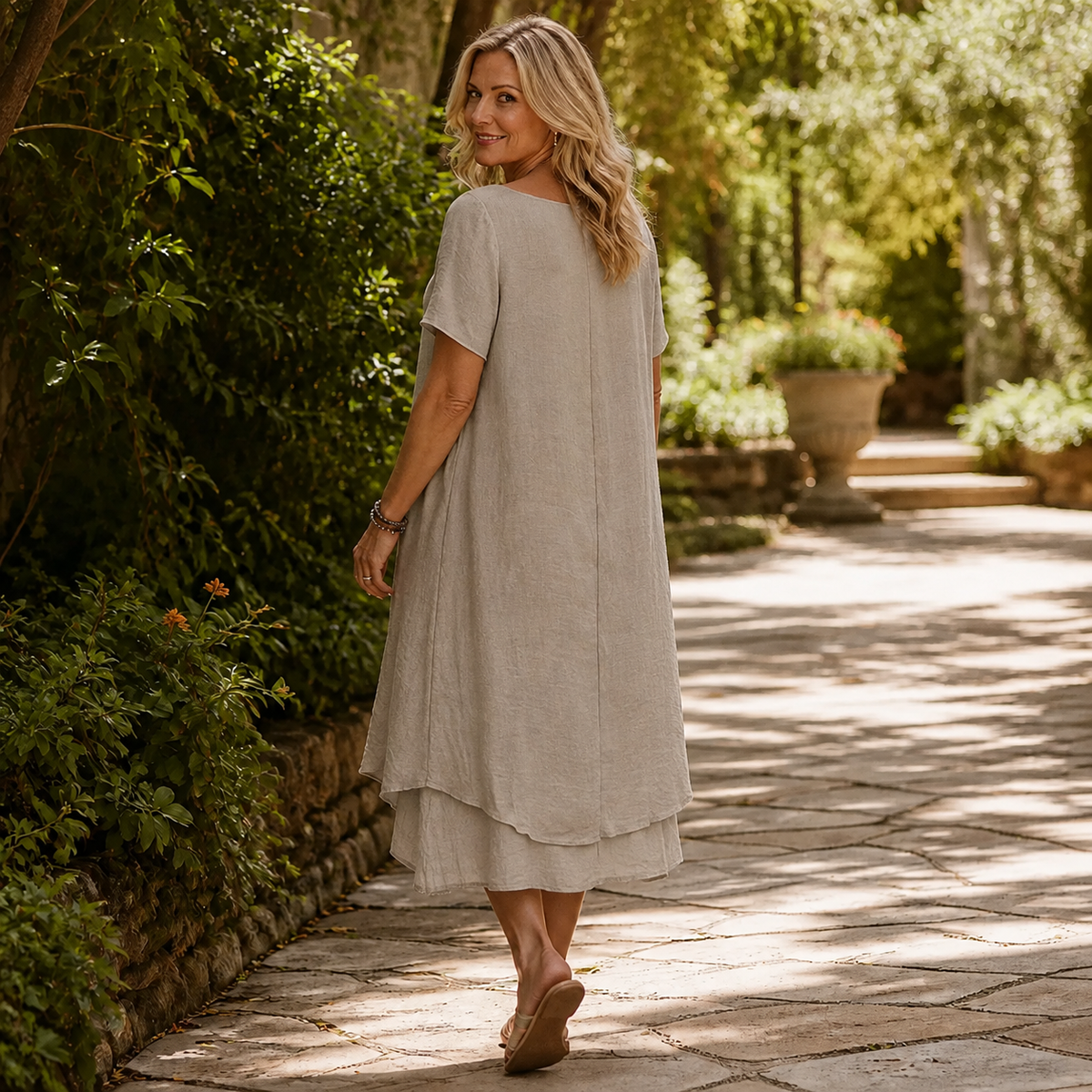 Vestido evasé de algodón y lino con doble bajo