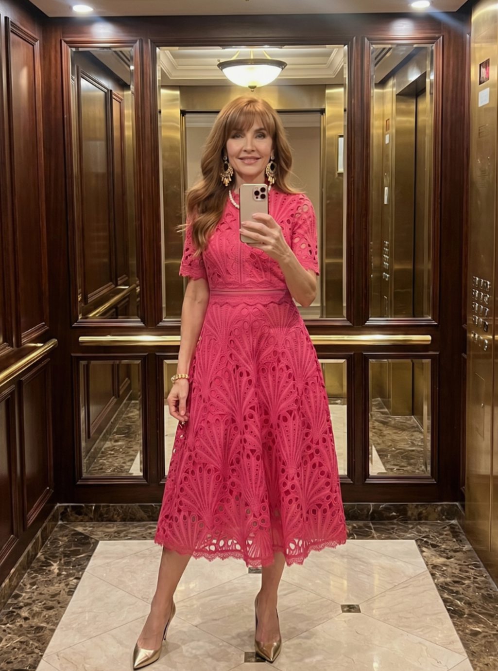 Vestido midi de cóctel para mujer de encaje bordado con cuello subido y manga corta