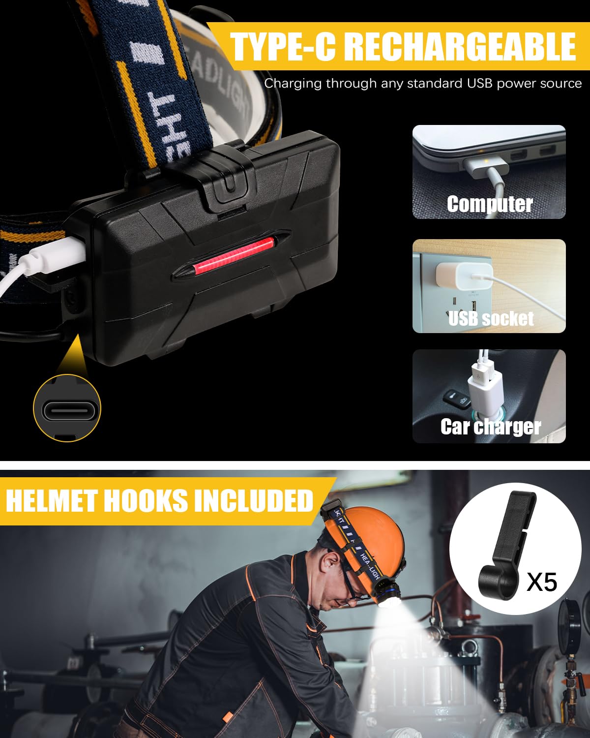 VierraSol | Ochter Linterna Frontal Recargable de 18000 Lúmenes, 8 Modos, Impermeable, USB, Luz Roja y Blanca