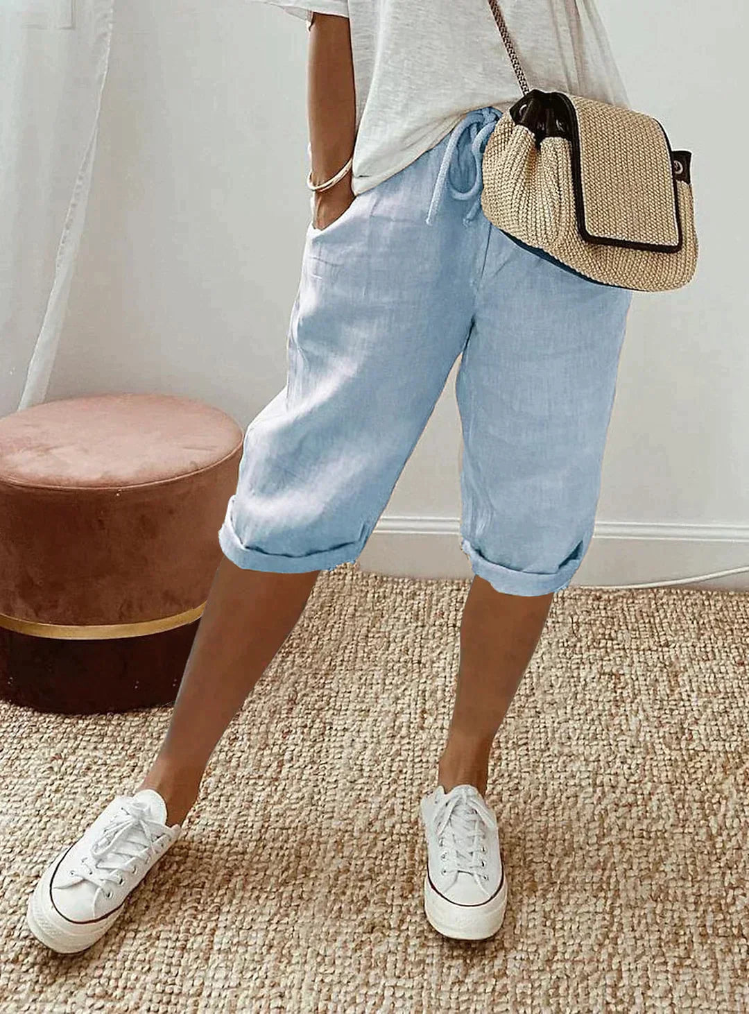 VierraSol | Pantalones Capris de Lino para Mujeres con Cintura Ajustable
