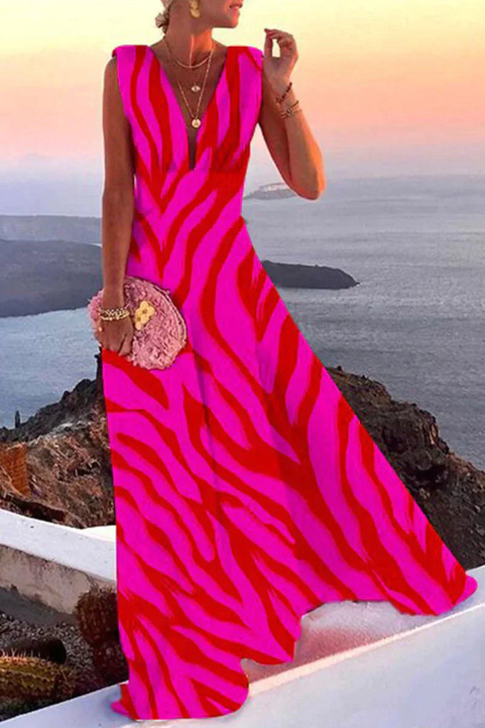 VierraSol | Vestido Maxi de Cuello en V para Mujer con Estampado Geométrico