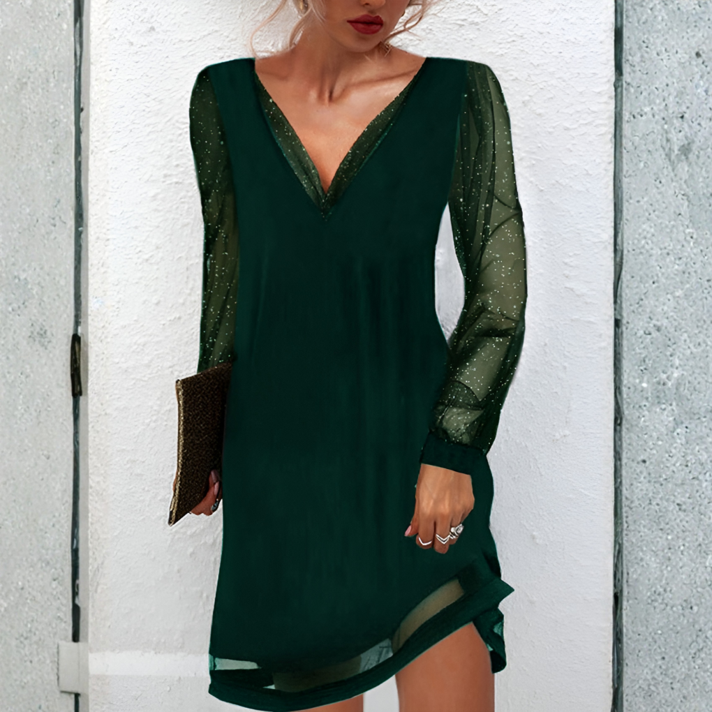 VierraSol | Vestido Mini de Manga Transparente y Escote en V para Mujer