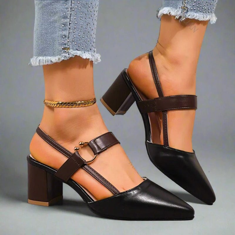 Zapatos de salón destalonados para mujer con puntera puntiaguda, tacón ancho y tira con hebilla