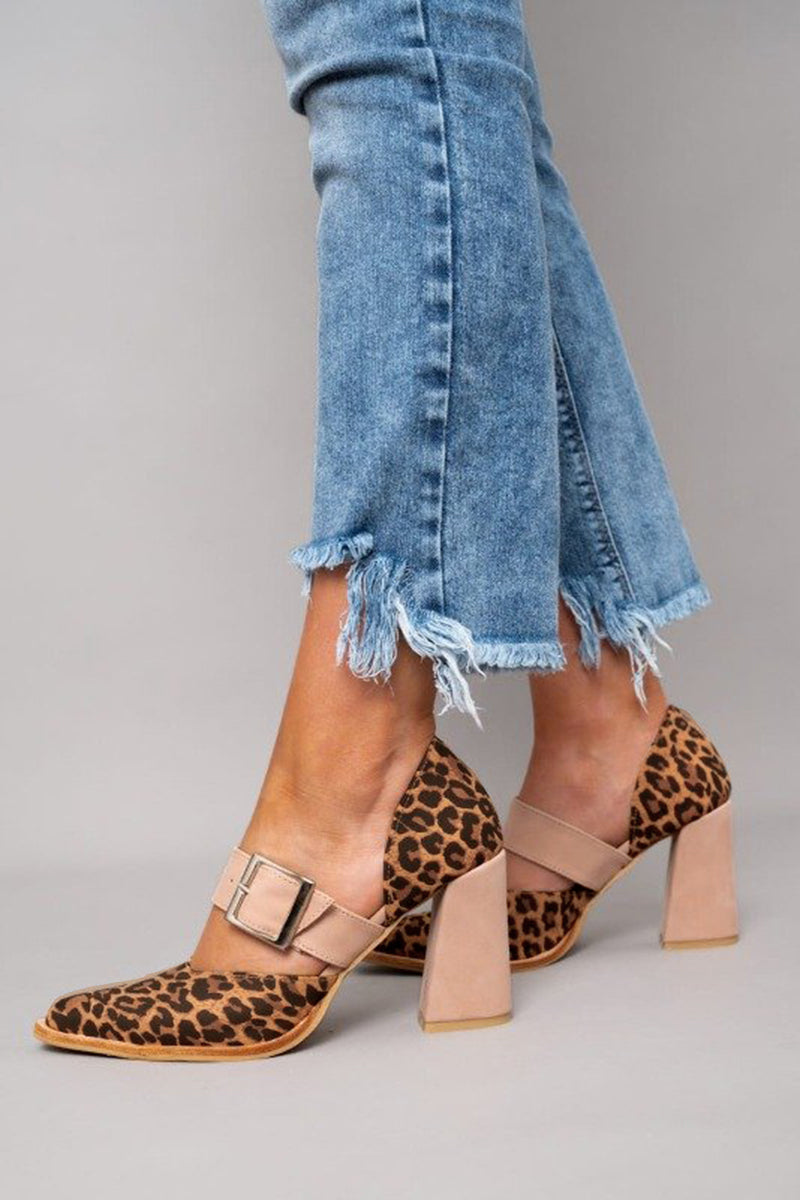 Zapatos de tacón ancho con estampado de leopardo y tira ancha con hebilla para mujer