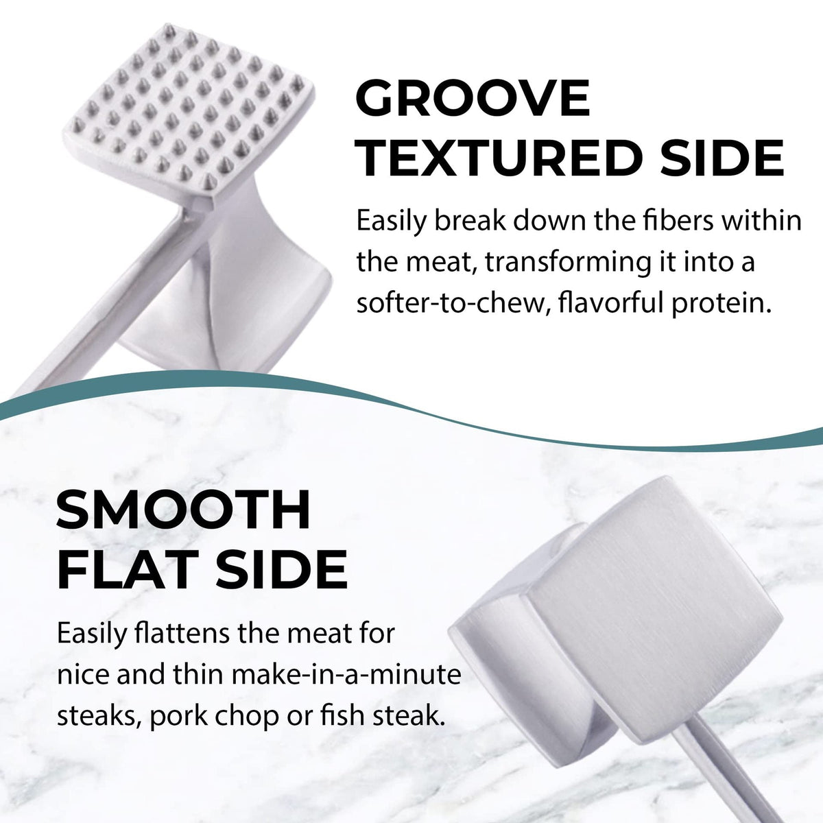 Ablandador de carne de doble cara de acero inoxidable de alta resistencia con mango ergonómico antideslizante