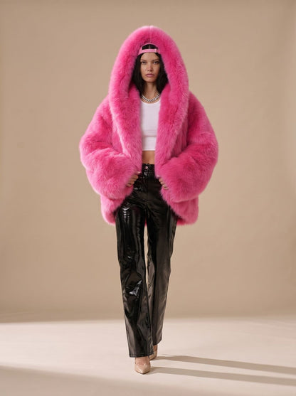 Abrigo de invierno de pelo sintético con capucha y manga larga de corte oversize para mujer
