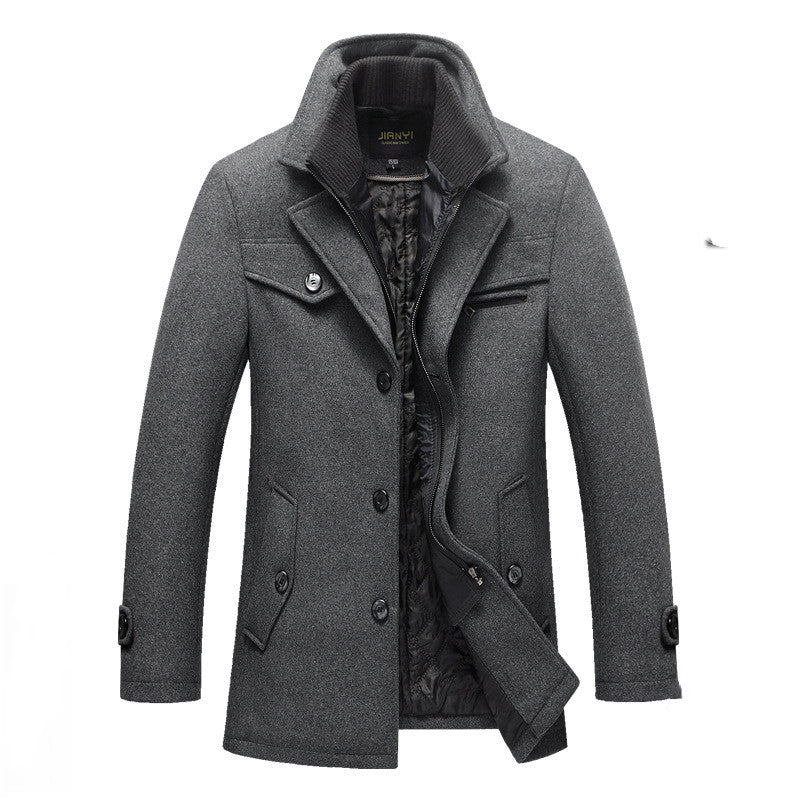 Abrigo largo de lana acolchado para hombre con cuello alto y cremallera frontal