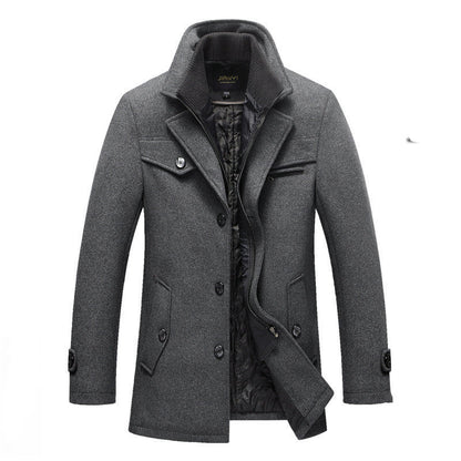 Abrigo largo de lana acolchado para hombre con cuello alto y cremallera frontal